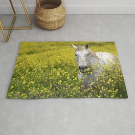 White Horse in a Yellow Pasture Rug | Beautyinnature, Colorful, Field, Countryside, Whitehorse, Photo, Rural, Springtime, Nature, Flowers 