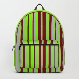 [ Thumbnail: Grey, Chartreuse, and Maroon Colored Striped Pattern Backpack ]