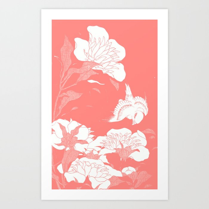 Peonies & Canary by Hokusai : Living Coral japanese Flowers Art Print
