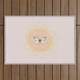 Hand-Drawn Butterfly and Gold Circle Frame on Pale Pink Outdoor Rug