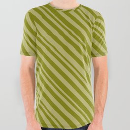 [ Thumbnail: Dark Khaki and Green Colored Striped Pattern All Over Graphic Tee ]