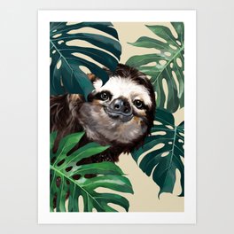 Sneaky Sloth with Monstera Art Print