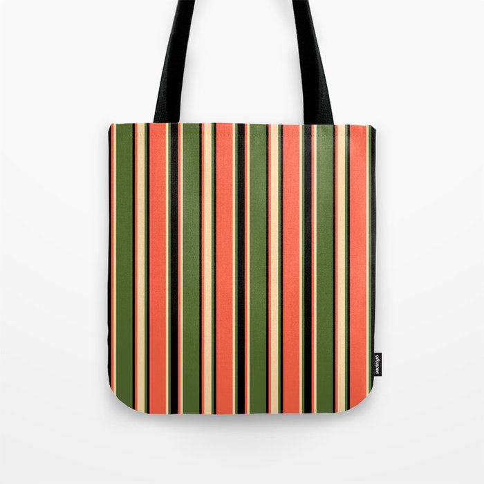 Dark Olive Green, Tan, Red, and Black Colored Striped Pattern Tote Bag