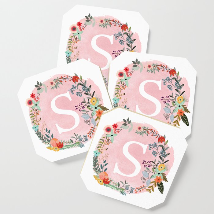 Flower Wreath with Personalized Monogram Initial Letter S on Pink Watercolor Paper Texture Artwork Coaster