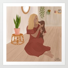 Girl and puppy illustration, woman and dog illustration Art Print | Blondegirl, Puppylove, Womanandpuppy, Curated, Womananddog, Doglover, Art, Brownpuppy, Puppylover, Digital 