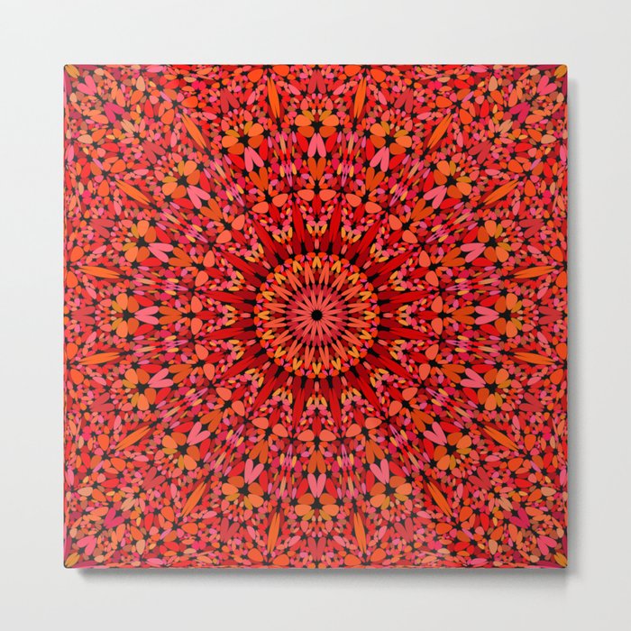 Red Geometric Bloom Mandala Metal Print