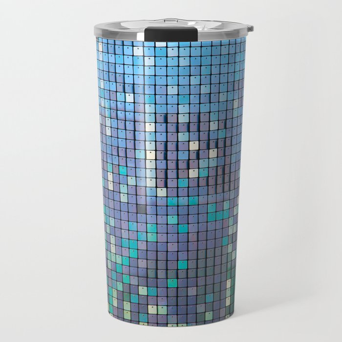 Sequin background. Silver square sequins shimmering in the sun. Reflecting colors of the rainbow including blue, gray, silver, green, black, red, yellow and more. Background and Textures. Photo Booth Travel Mug