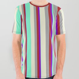 [ Thumbnail: Dark Violet, Red, Dark Grey, Beige & Aquamarine Colored Striped Pattern All Over Graphic Tee ]