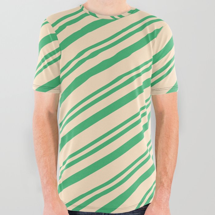Sea Green & Bisque Colored Lines/Stripes Pattern All Over Graphic Tee