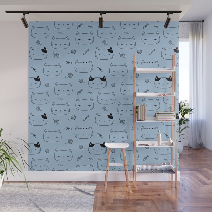 Pale Blue and Black Doodle Kitten Faces Pattern Wall Mural