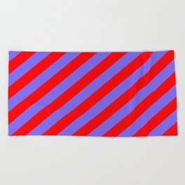 [ Thumbnail: Medium Slate Blue & Red Colored Lined Pattern Beach Towel ]