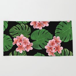 Tropical Floral Print Black Beach Towel