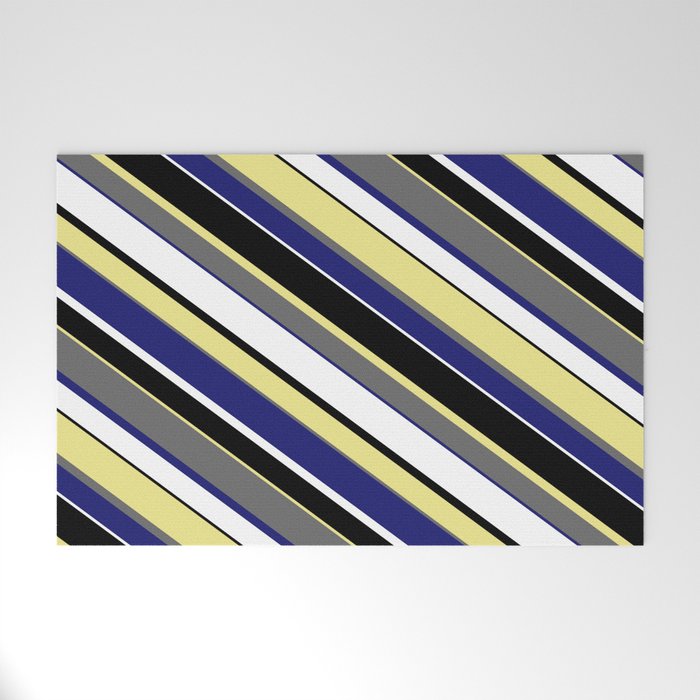 Eye-catching Tan, Dim Gray, Midnight Blue, White, and Black Colored Pattern of Stripes Welcome Mat