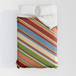 [ Thumbnail: Blue, Beige, Green, Coral, and Maroon Colored Lined Pattern Comforter ]