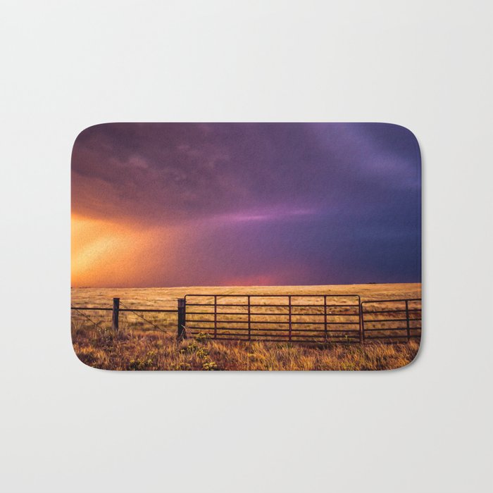 Western Front - Colorful Sky Over Fence Gate on Stormy Day in Oklahoma Bath Mat