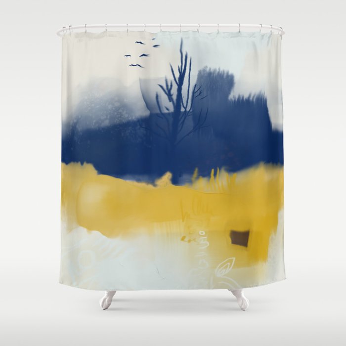 Navy blue and yellow shower curtain on sale