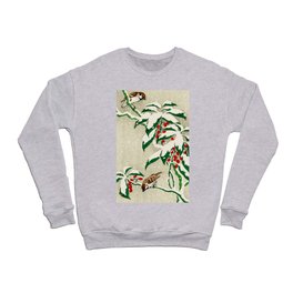 Birds sitting on a snowy berry bush - Vintage Japanese Woodblock Print Crewneck Sweatshirt
