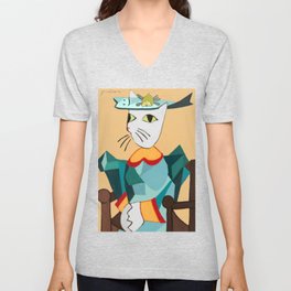 Artsy Cats. Picatso. Portrait of a Lady Cat with fish hat Unisex V-Neck