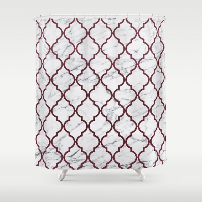 Burgundy gray white marble moroccan quatrefoil Shower Curtain