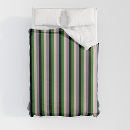 [ Thumbnail: Light Slate Gray, Pink, Forest Green, and Black Colored Lines Pattern Duvet Cover ]
