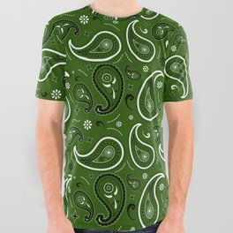 Black and White Paisley Pattern on Green Background All Over Graphic Tee