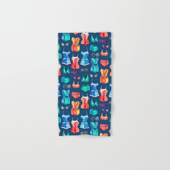 Sixties Swimsuits and Sunnies on dark blue Hand & Bath Towel