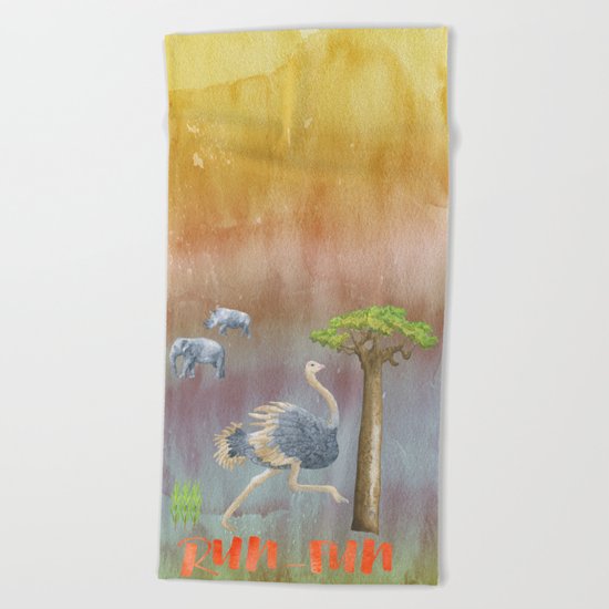 Run Fun - Ostrich Bird Animal Africa Illustration Beach Towel