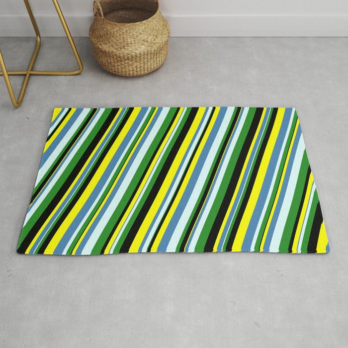 Yellow, Blue, Light Cyan, Forest Green, and Black Colored Stripes Pattern Rug