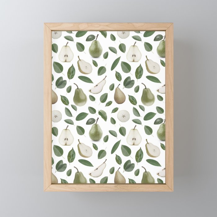 Pears and leaves - gray and green Framed Mini Art Print