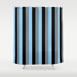 [ Thumbnail: Light Sky Blue, Grey & Black Colored Lined Pattern Shower Curtain ]