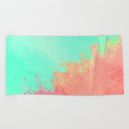 Hand Painted Pink Teal Coral Watercolor Abstract Colorblock Beach Towel