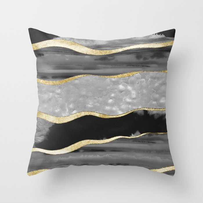 Black Gray White Agate Gold Stripe Glam #1 #gem #decor #art #society6 Throw Pillow