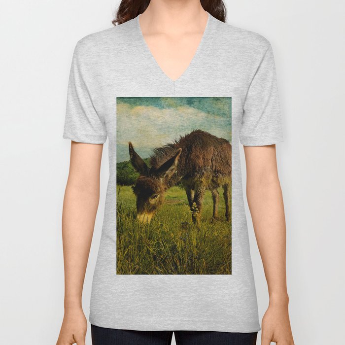 Vintage countryside cute brown donkey foal pasture V Neck T Shirt