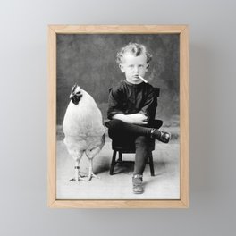 Smoking Boy with Chicken black and white photograph - photography - photographs Framed Mini Art Print