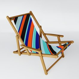 [ Thumbnail: Eye-catching Powder Blue, Turquoise, Blue, Red, and Black Colored Lined/Striped Pattern Sling Chair ]