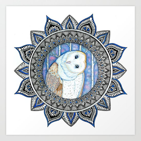Winter Barn Owl Mandala Art Print
