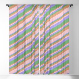 [ Thumbnail: Chocolate, Light Pink, Medium Slate Blue, and Forest Green Colored Stripes/Lines Pattern Sheer Curtain ]