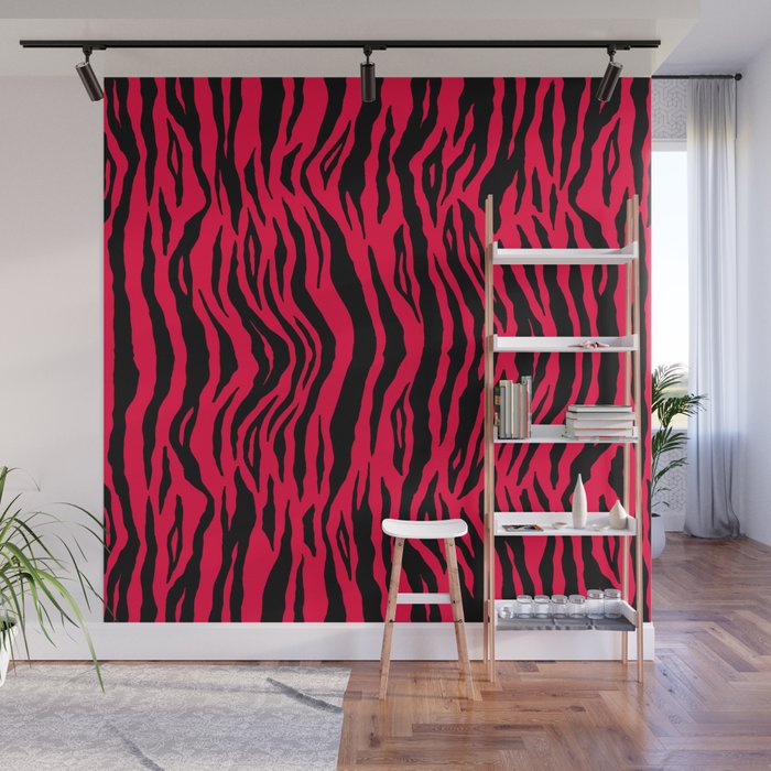 Neon Red Tiger Pattern Wall Mural