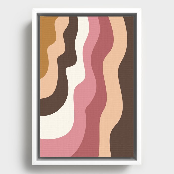 Modern Retro Abstract Color Block Waves / Peach, Dark Blush Pink, Caramel Brown, Raw Umber Framed Canvas