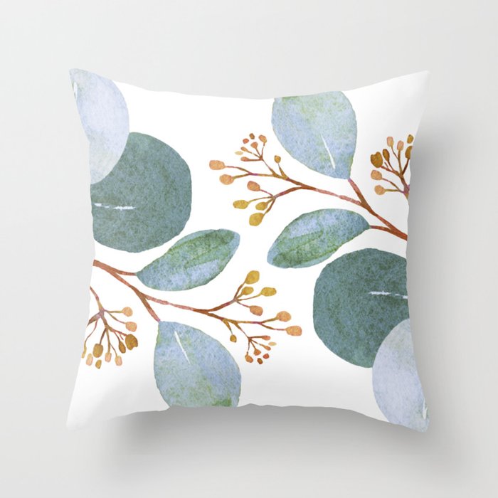 Eucalyptus Leaves Watercolor Throw Pillow