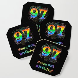 [ Thumbnail: 97th Birthday - Fun Rainbow Spectrum Gradient Pattern Text, Bursting Fireworks Inspired Background Coaster ]