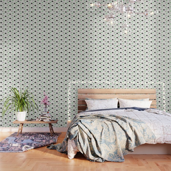 Seamless pattern with cute baby buffaloes and native American symbols, white Wallpaper