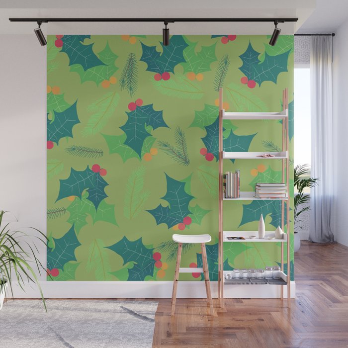 Christmas Pattern Leaves Mistletoe Pine Wall Mural