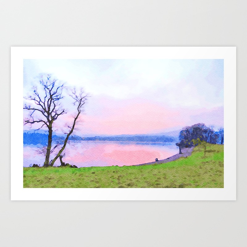 Calm Pink Sunset Over Lake Windermere Lake District England Watercolor Painting Art Print By Sublimage Society6