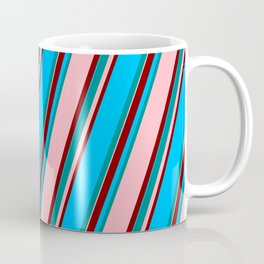 [ Thumbnail: Dark Cyan, Light Pink, Maroon & Deep Sky Blue Colored Lined Pattern Coffee Mug ]