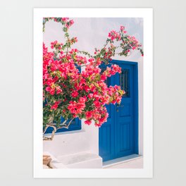 Blue Door in Santorini Greece - Pink Flowers by House - Fine Art Travel Photography Art Print