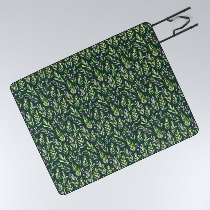 Scattered Olive Branches on Dark Green Picnic Blanket