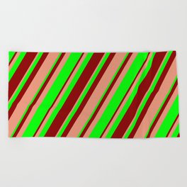 [ Thumbnail: Dark Salmon, Lime, and Dark Red Colored Lines Pattern Beach Towel ]