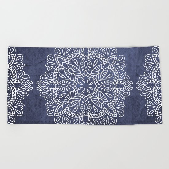 Mandala Vintage White on Ocean Fog Gray Beach Towel