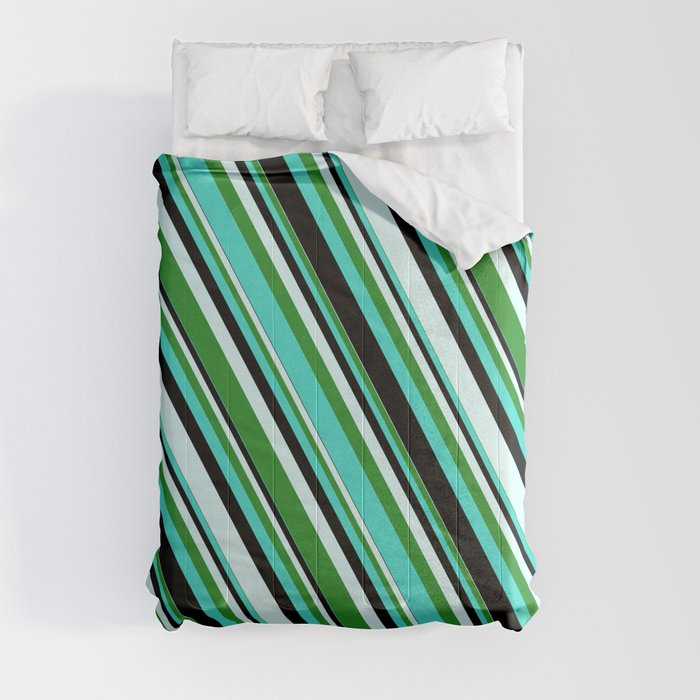 Turquoise, Black, Light Cyan, and Forest Green Colored Stripes Pattern Comforter
